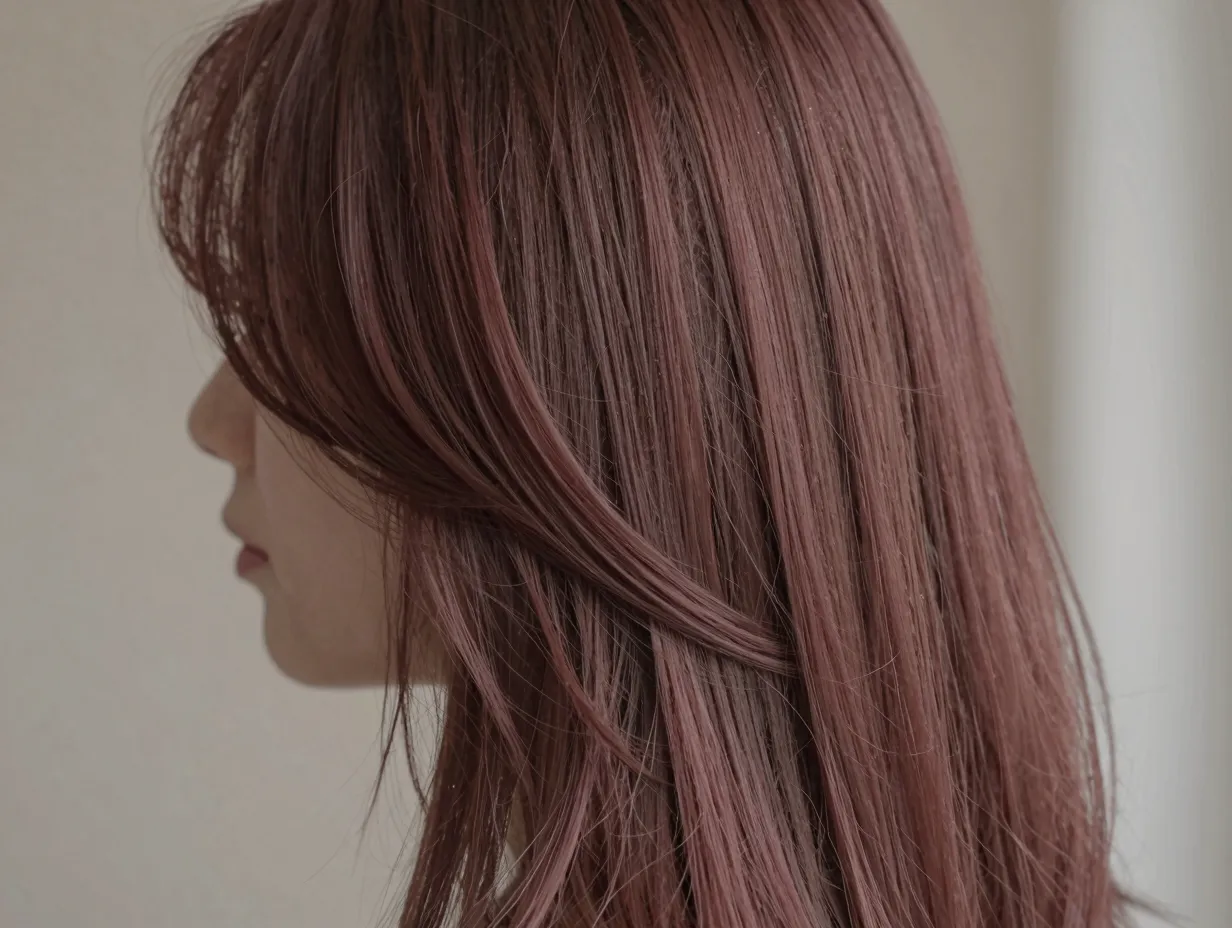 Rosewood chocolate hair with medium base and dusty rose cherry toner