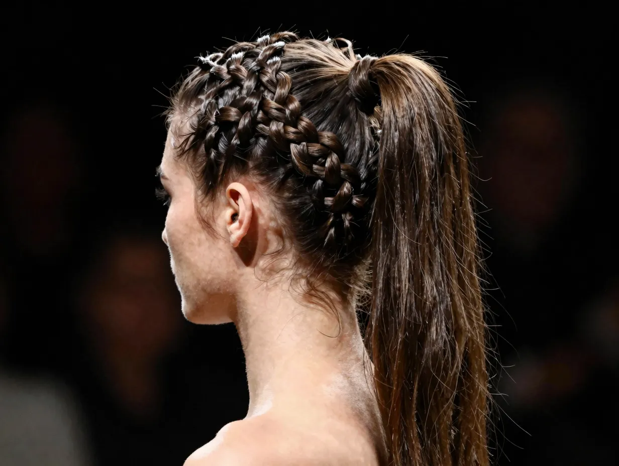Side ponytail with intricate braids mixed sizes textured festival formal art