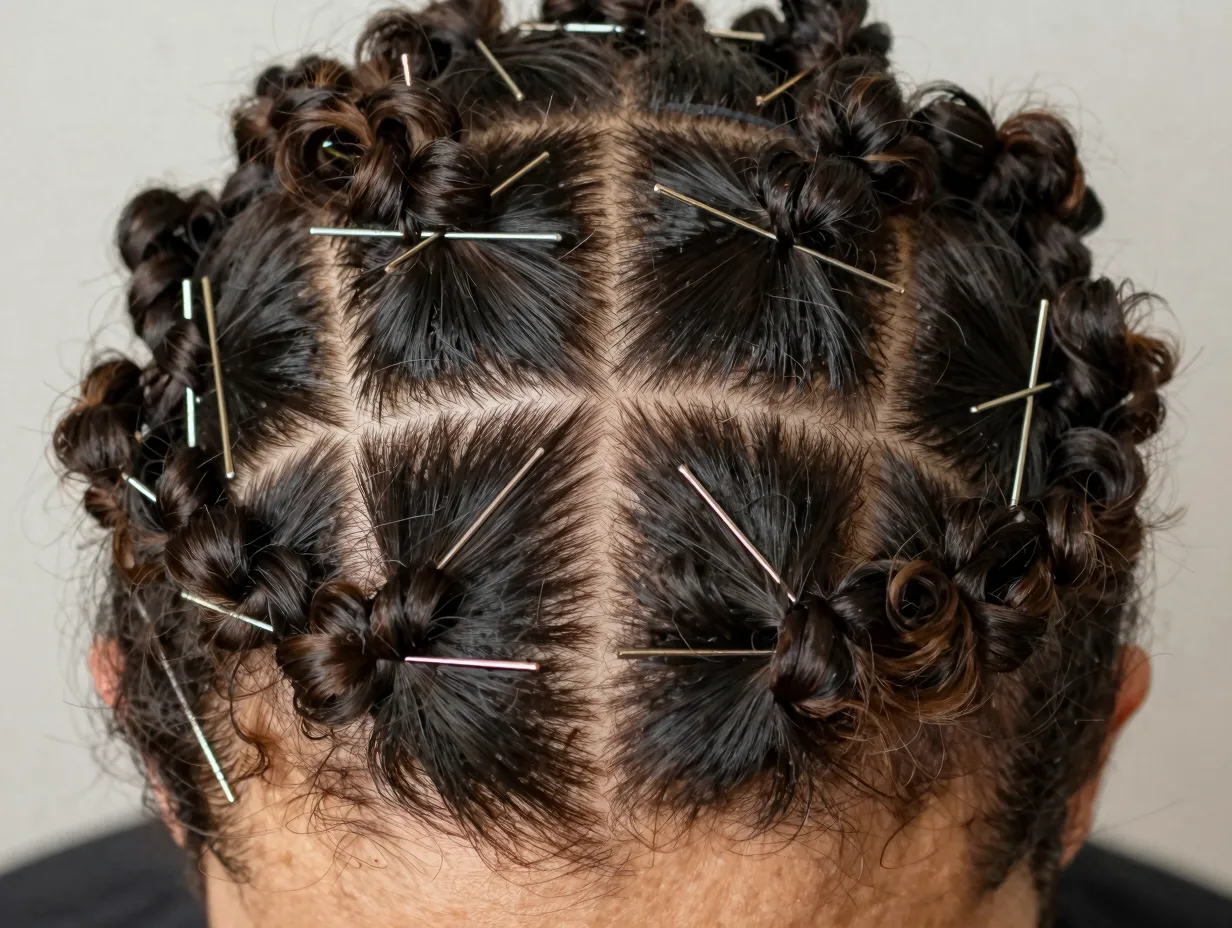 Twisted updo with crisscross bobby pin grid for hold