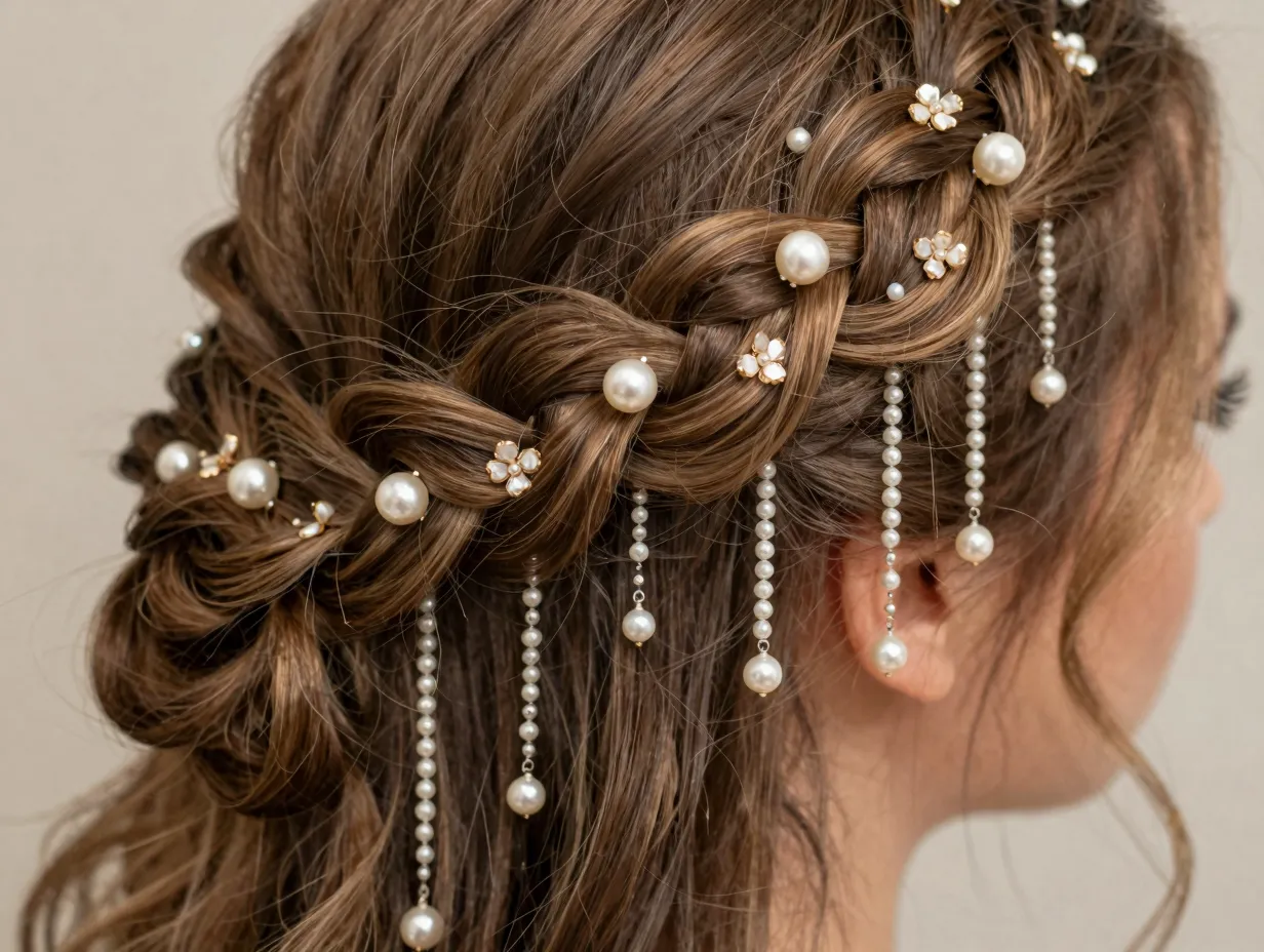 Waterfall braid with pearl drops cascading hair