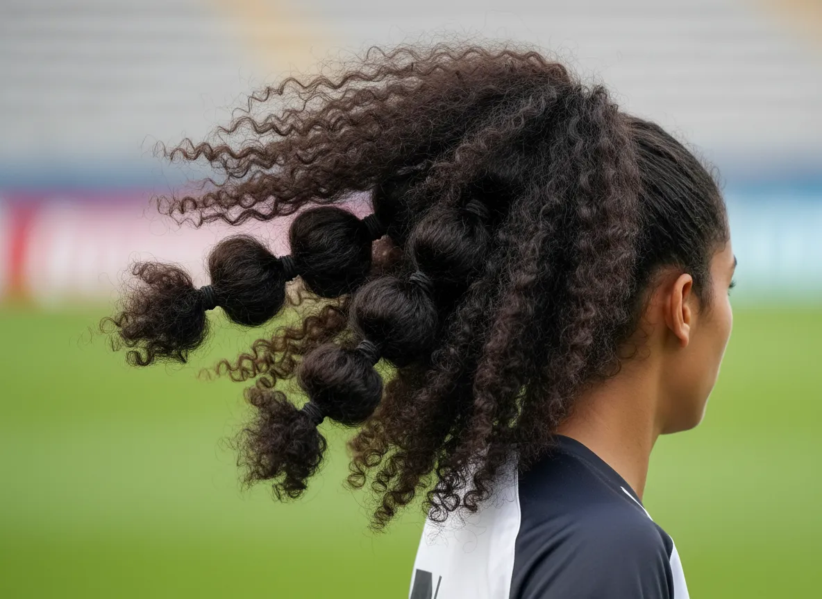 Bubble ponytail with multiple elastics creating full sections