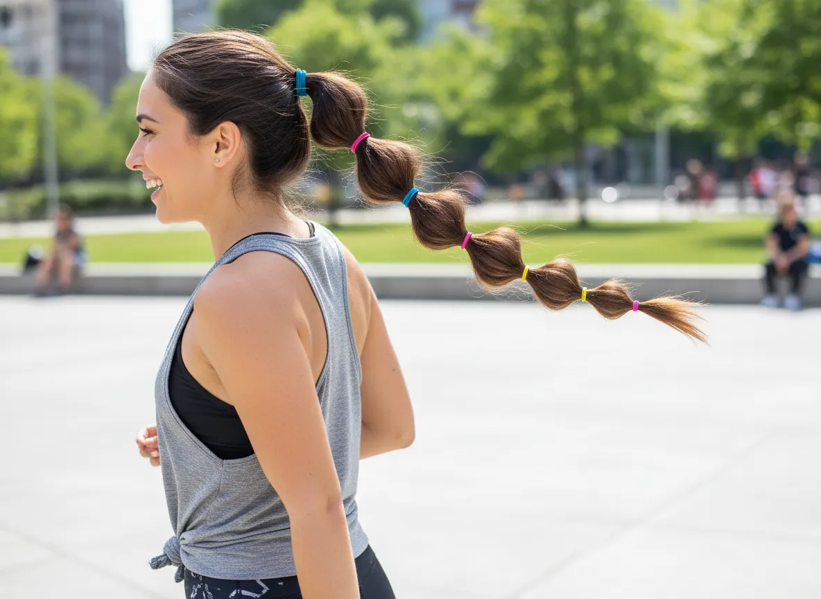 Bubble side ponytail playful bubbled sections casual outfit gym look