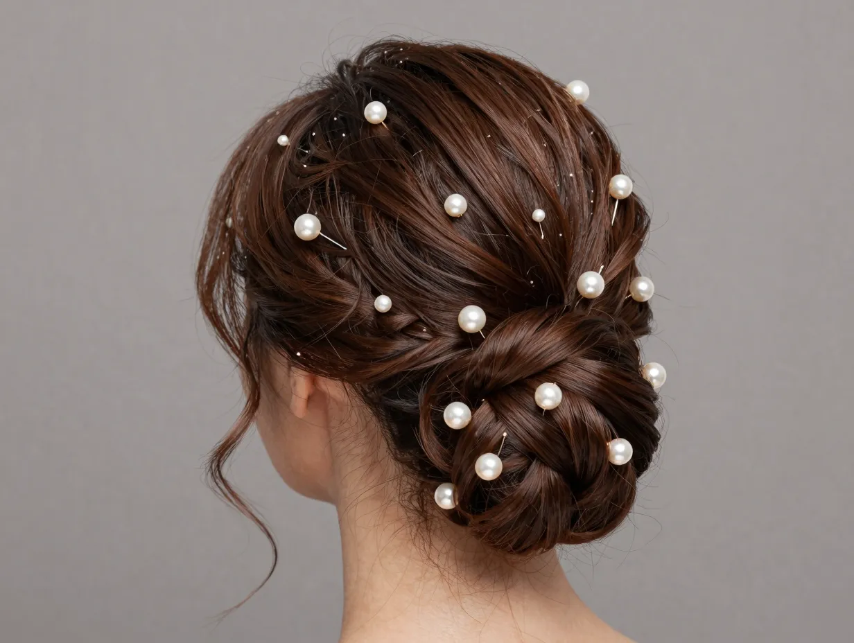 Low bun with scattered pearl pins light reflections
