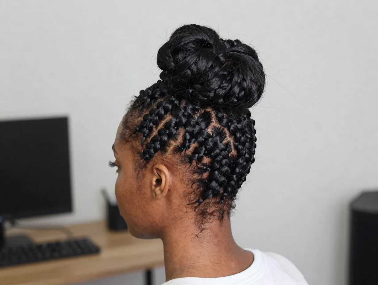 Versatile half up cornrow bun front braids feed into high bun