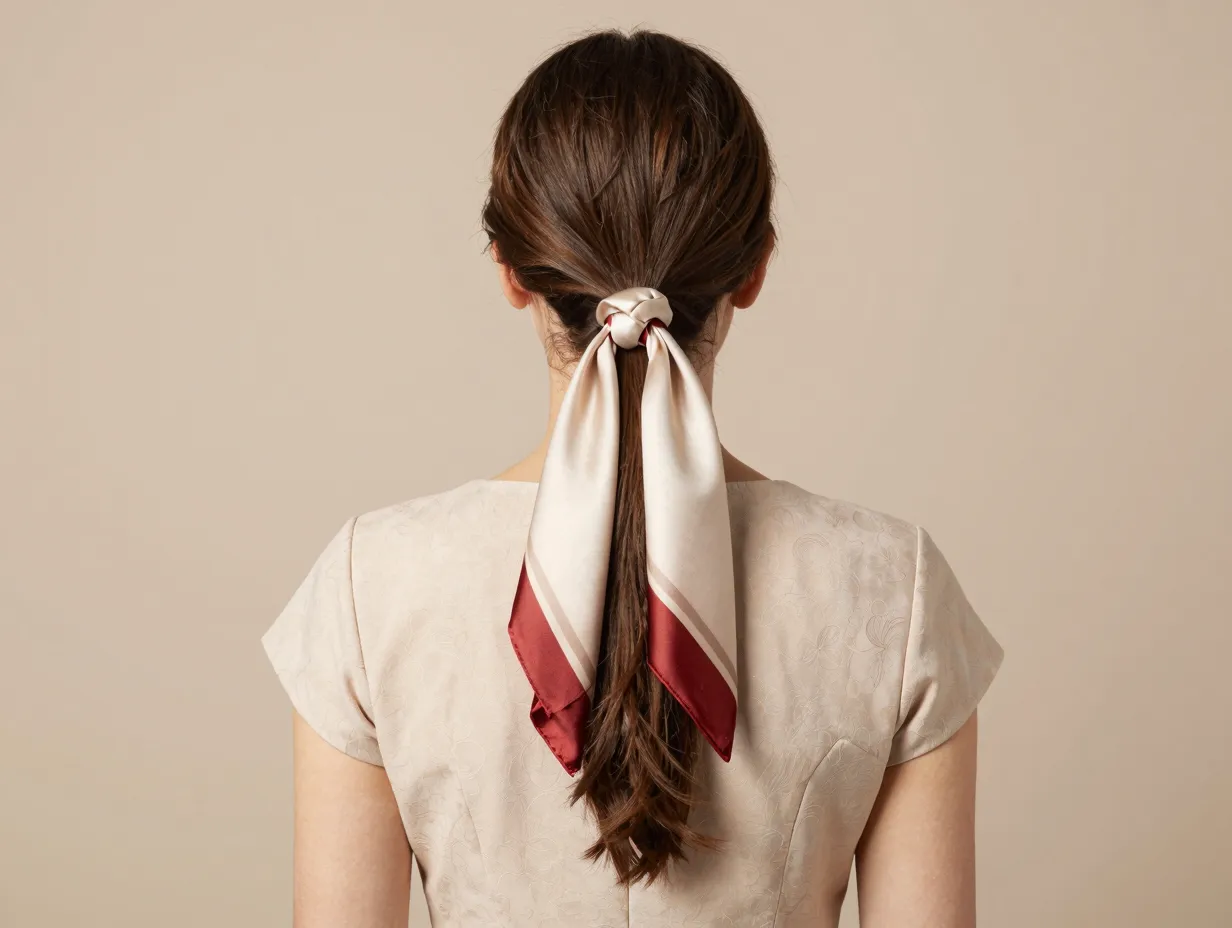 Accessorized side ponytail with silk scarf retro chic vintage inspired dress