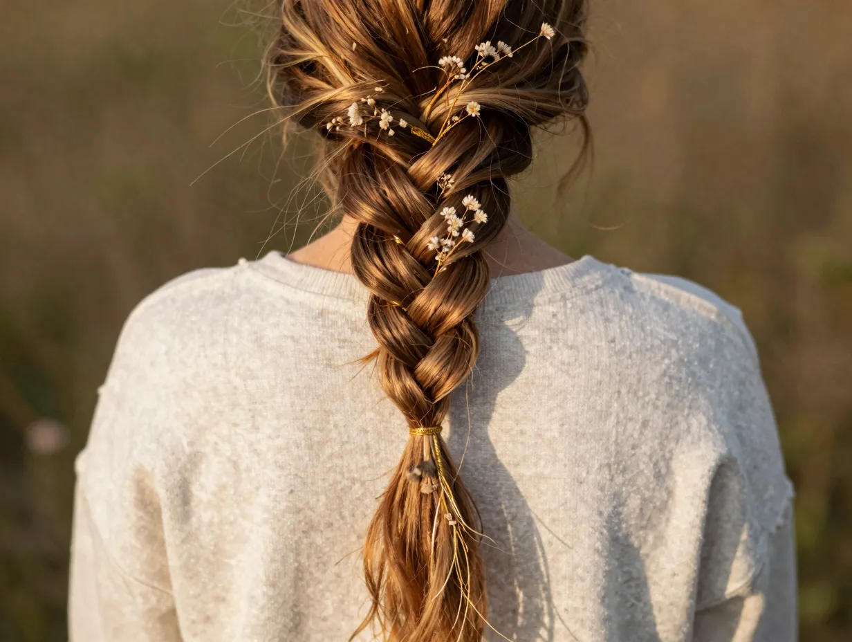 Textured boho braid gold thread dried wildflowers