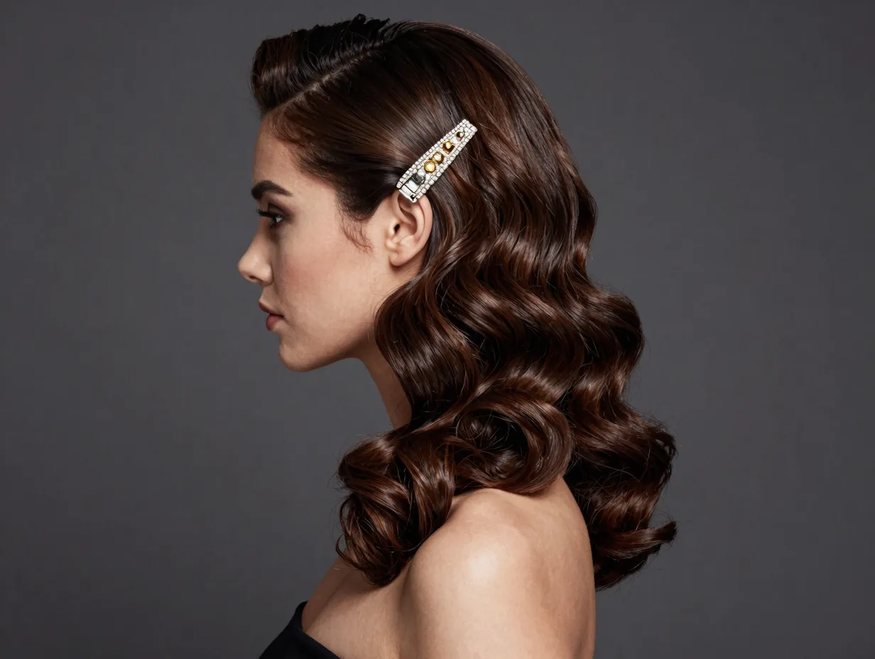 Side swept soft curls with deep part and jeweled clip