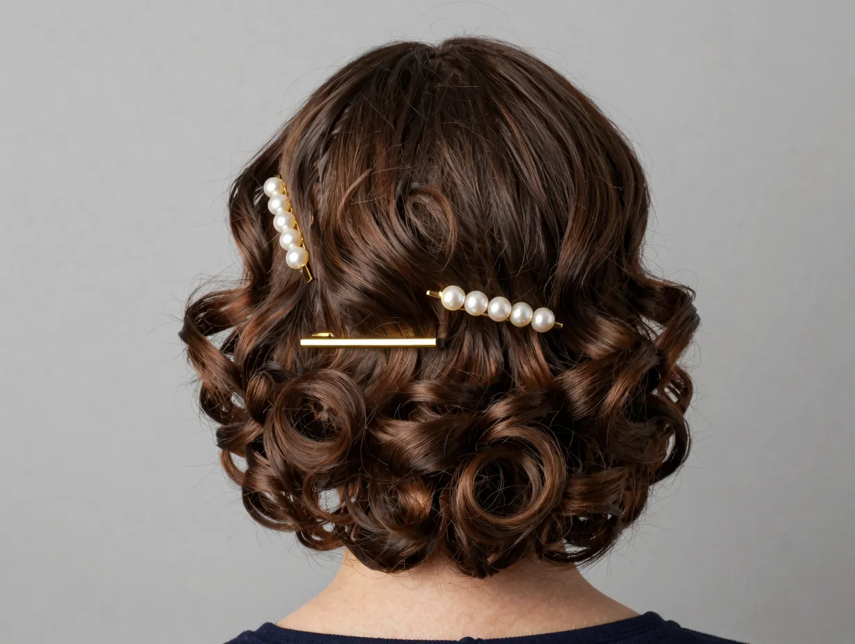 Pinned back soft curls with mixed pearl and gold barrettes