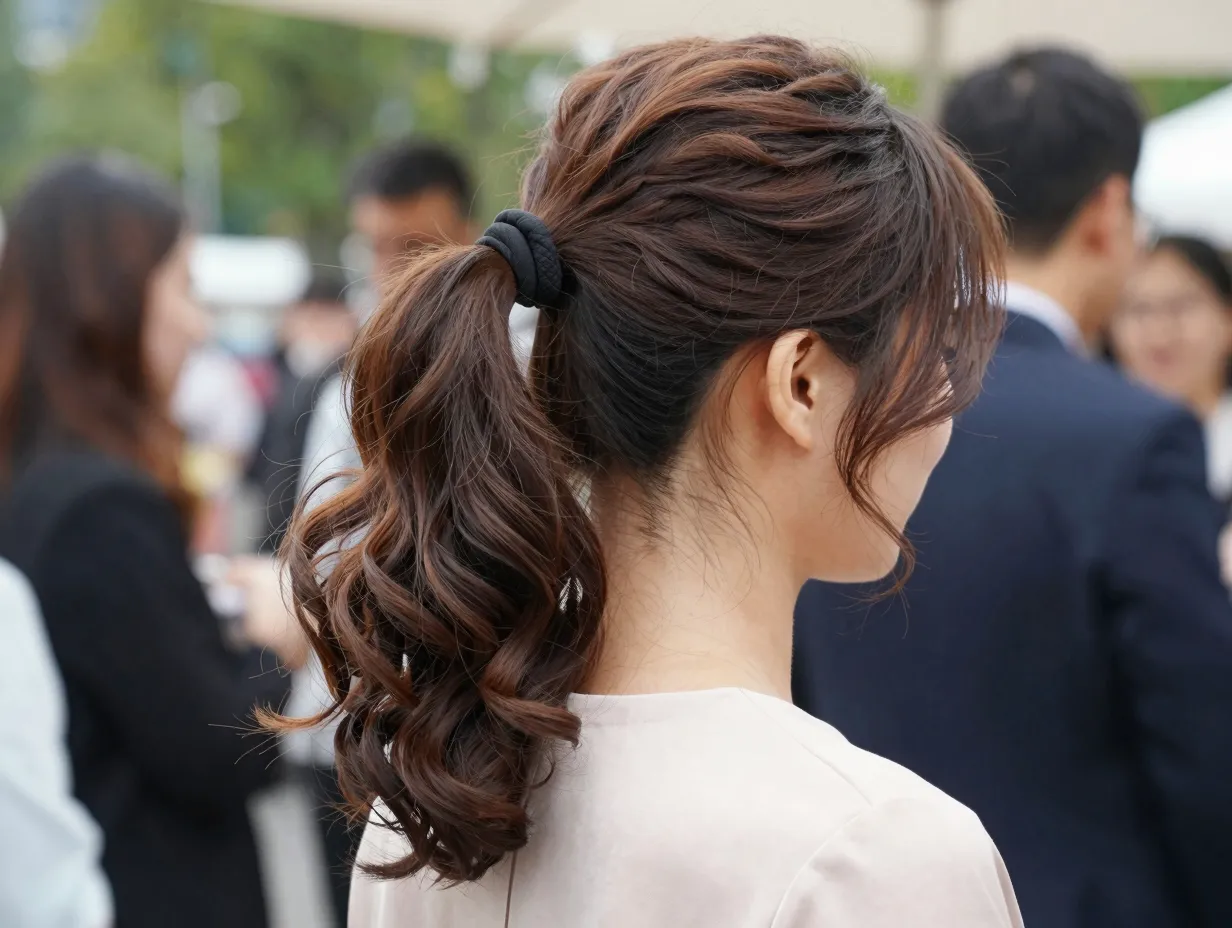 Soft curls with low fabric covered ponytail and wispy pieces