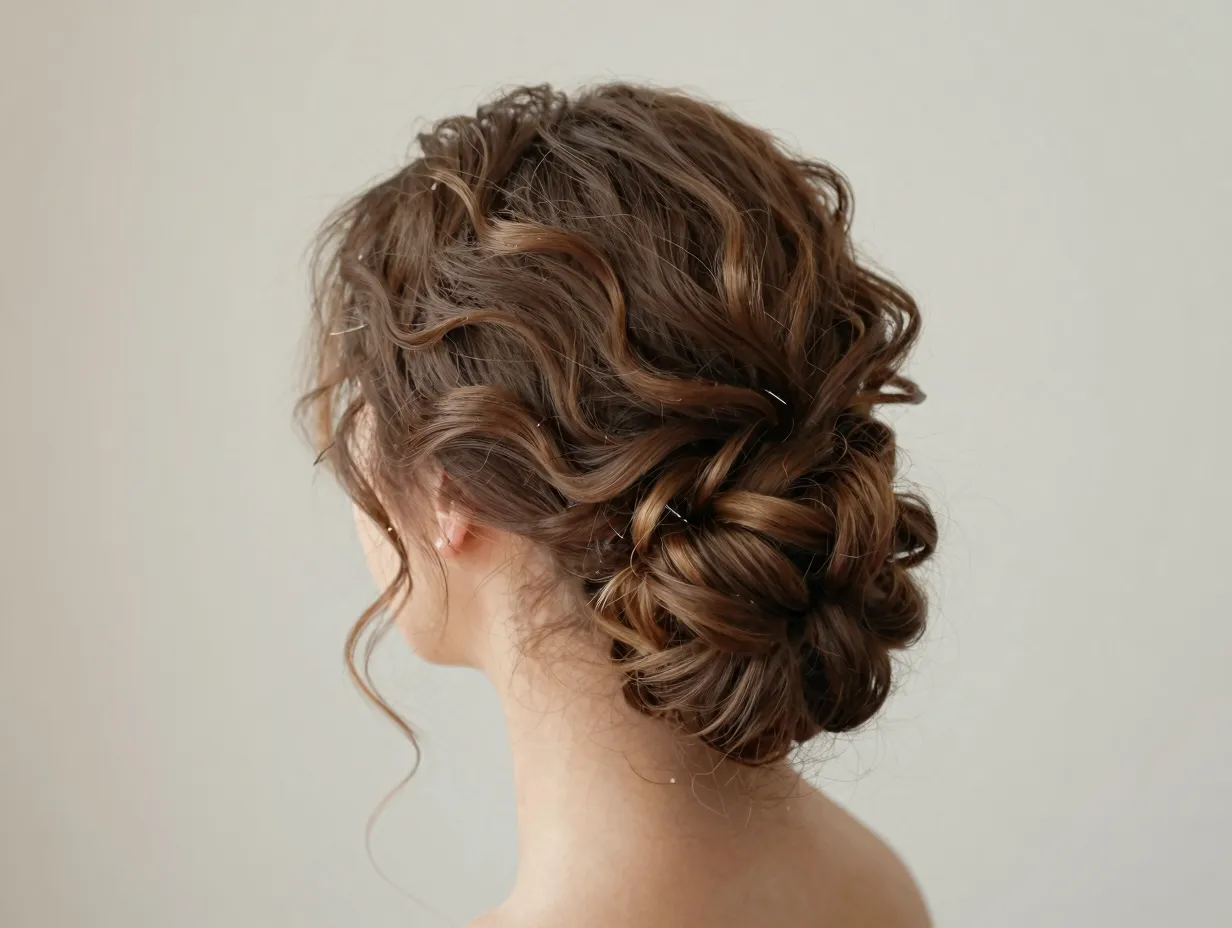 Romantic soft curl updo loose bun with pulled out pieces