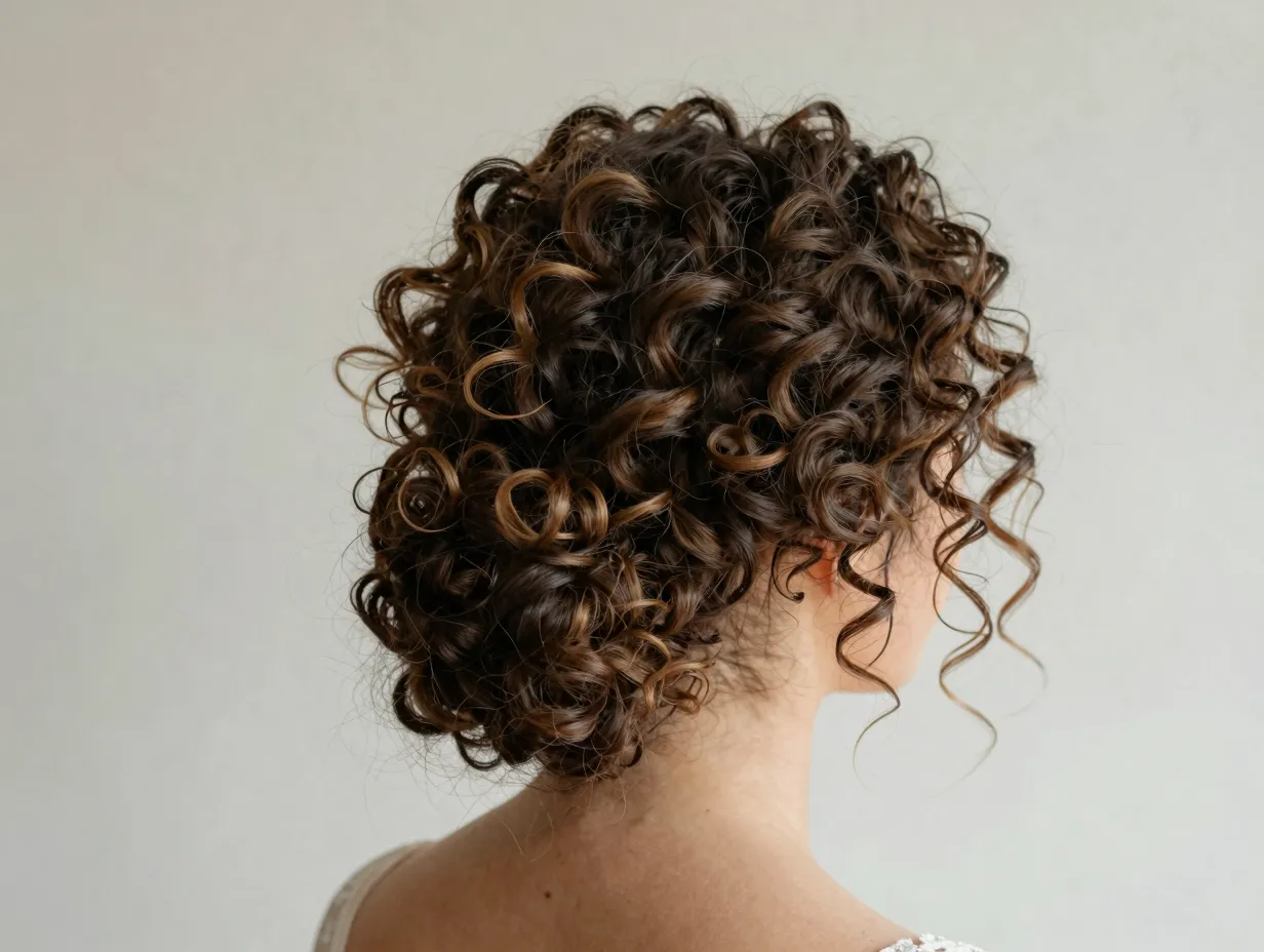 Voluminous textured curly updo with loose curls formal summer wedding