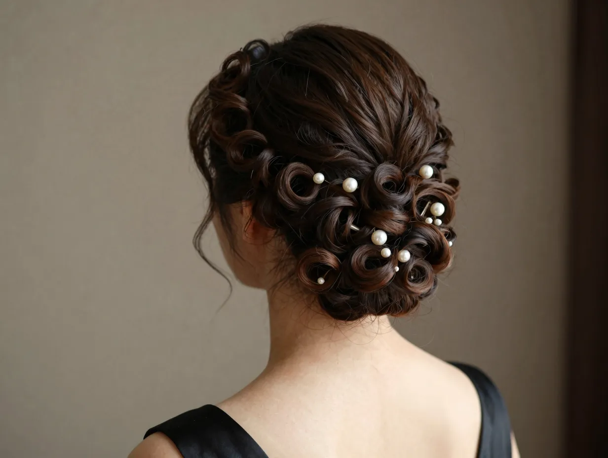 Elegant curly chignon with pearl hairpins black tie wedding back detail