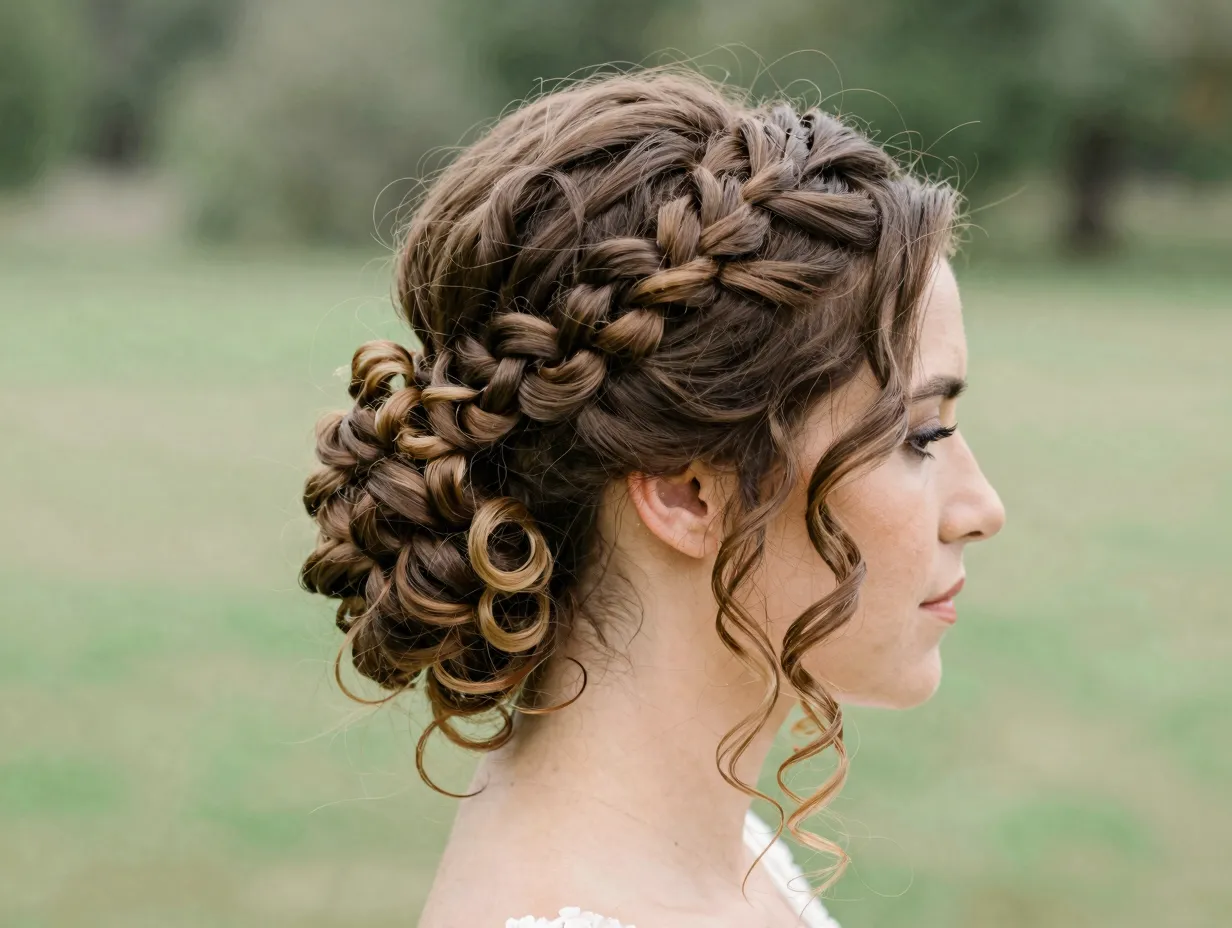 Braided updo with soft side curls french dutch braid outdoor wedding