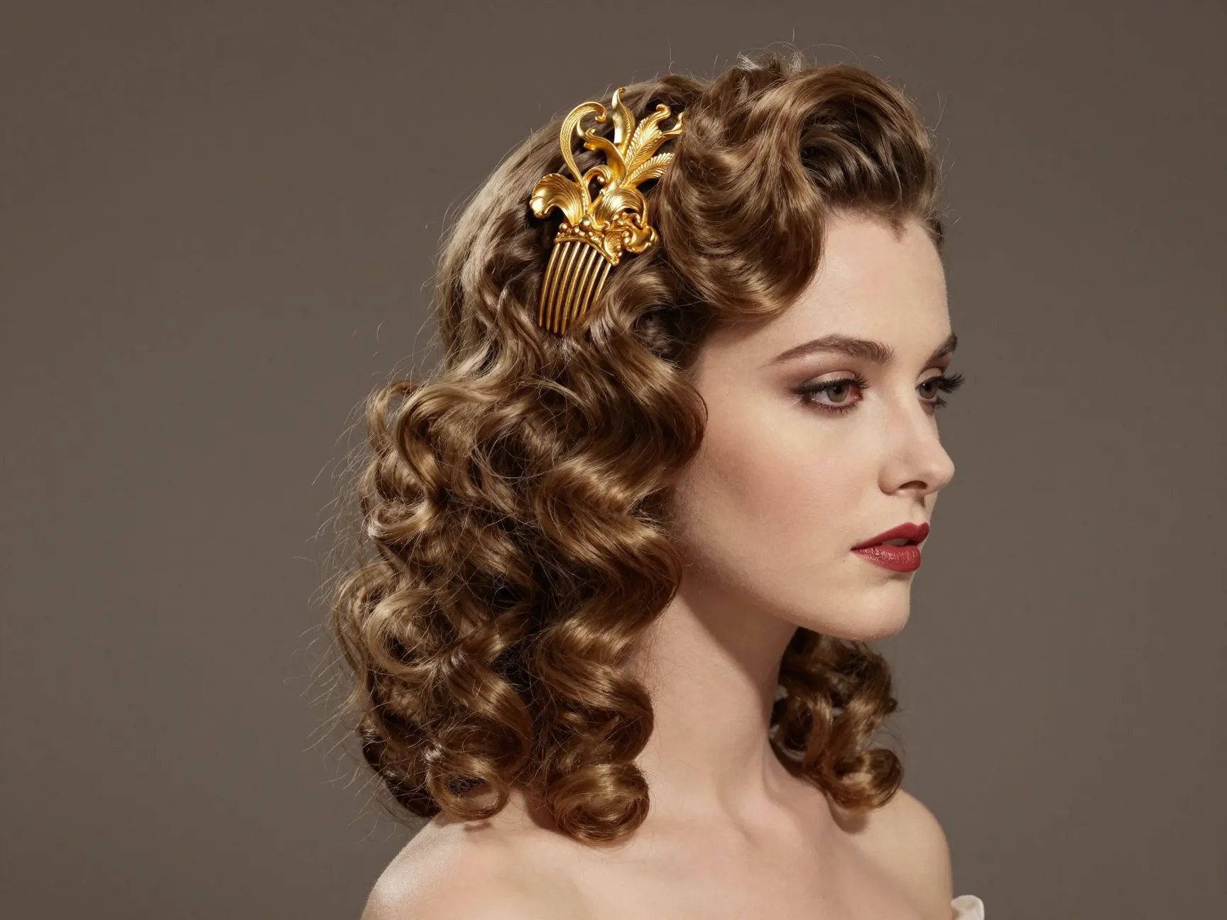 Glamorous side swept curly hairstyle with sculptural gold comb vintage