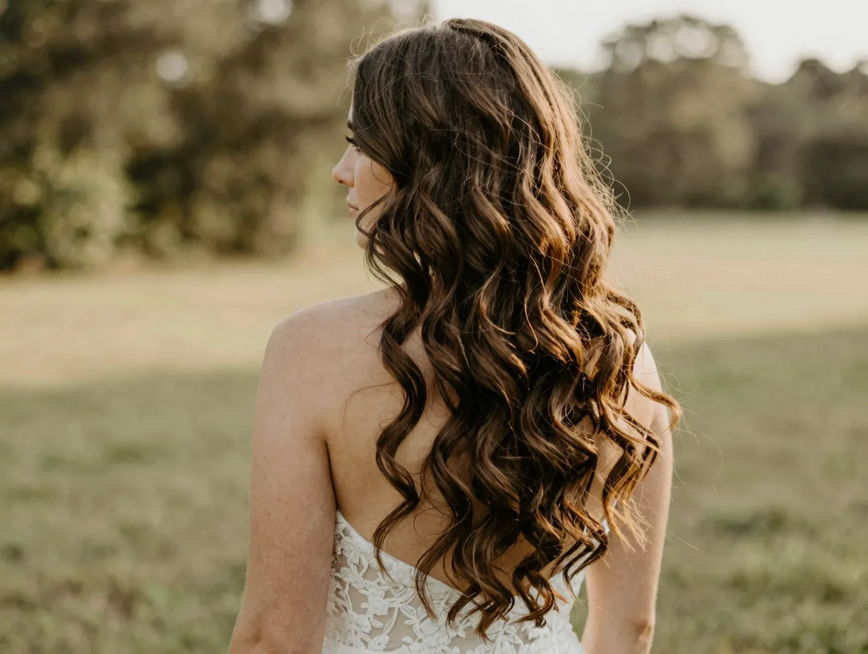 Loose natural romantic waves down hairstyle effortless outdoor elopement