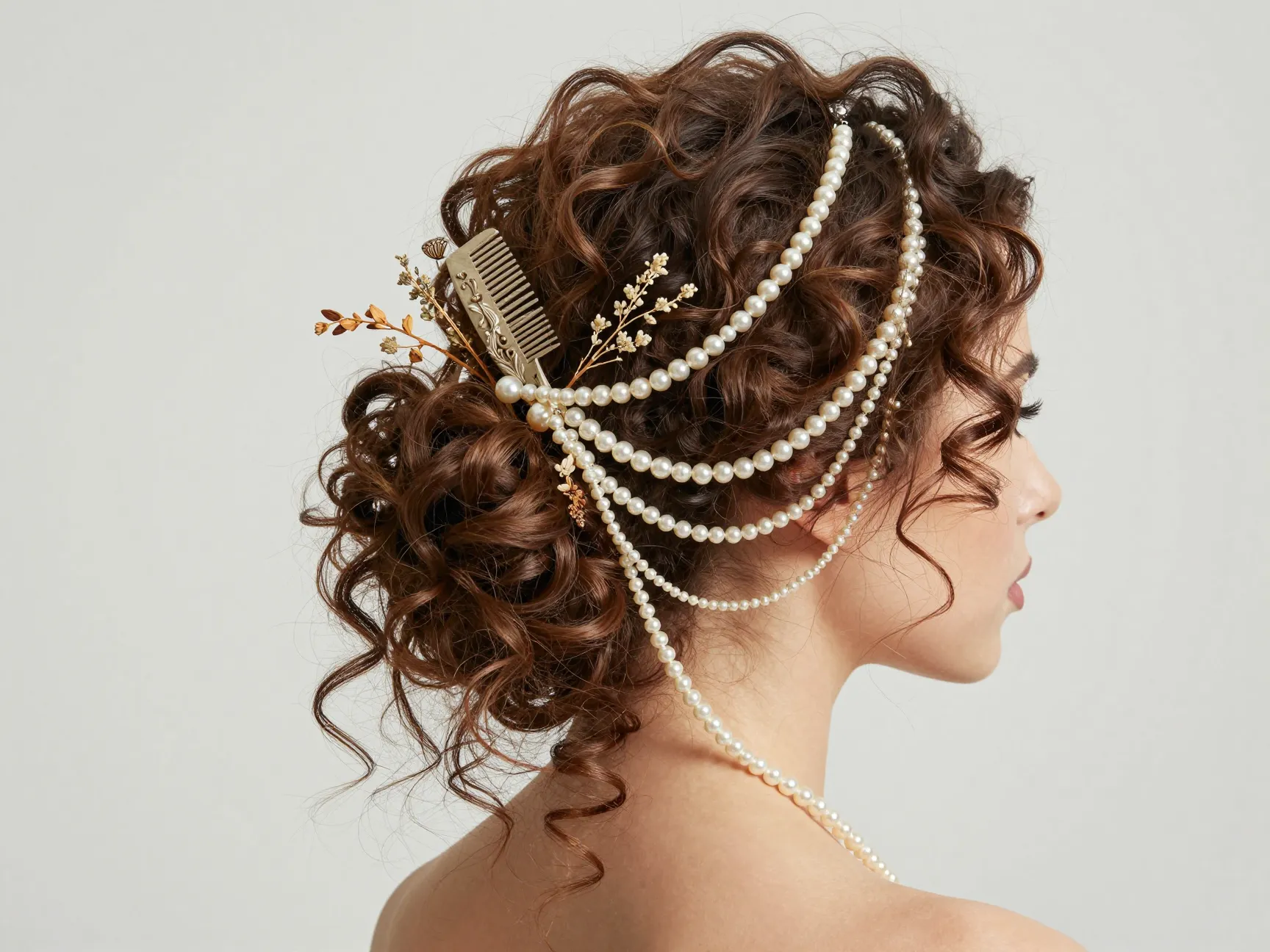 Accessorized curly upswept style with layered pearl chains editorial fashion