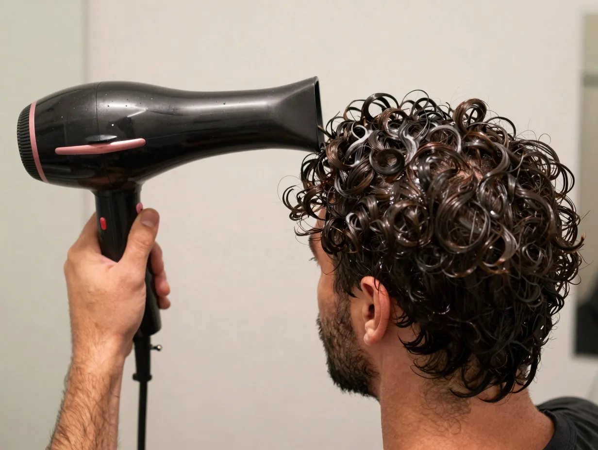 A man with medium messy curls shapes his hair with a diffuser