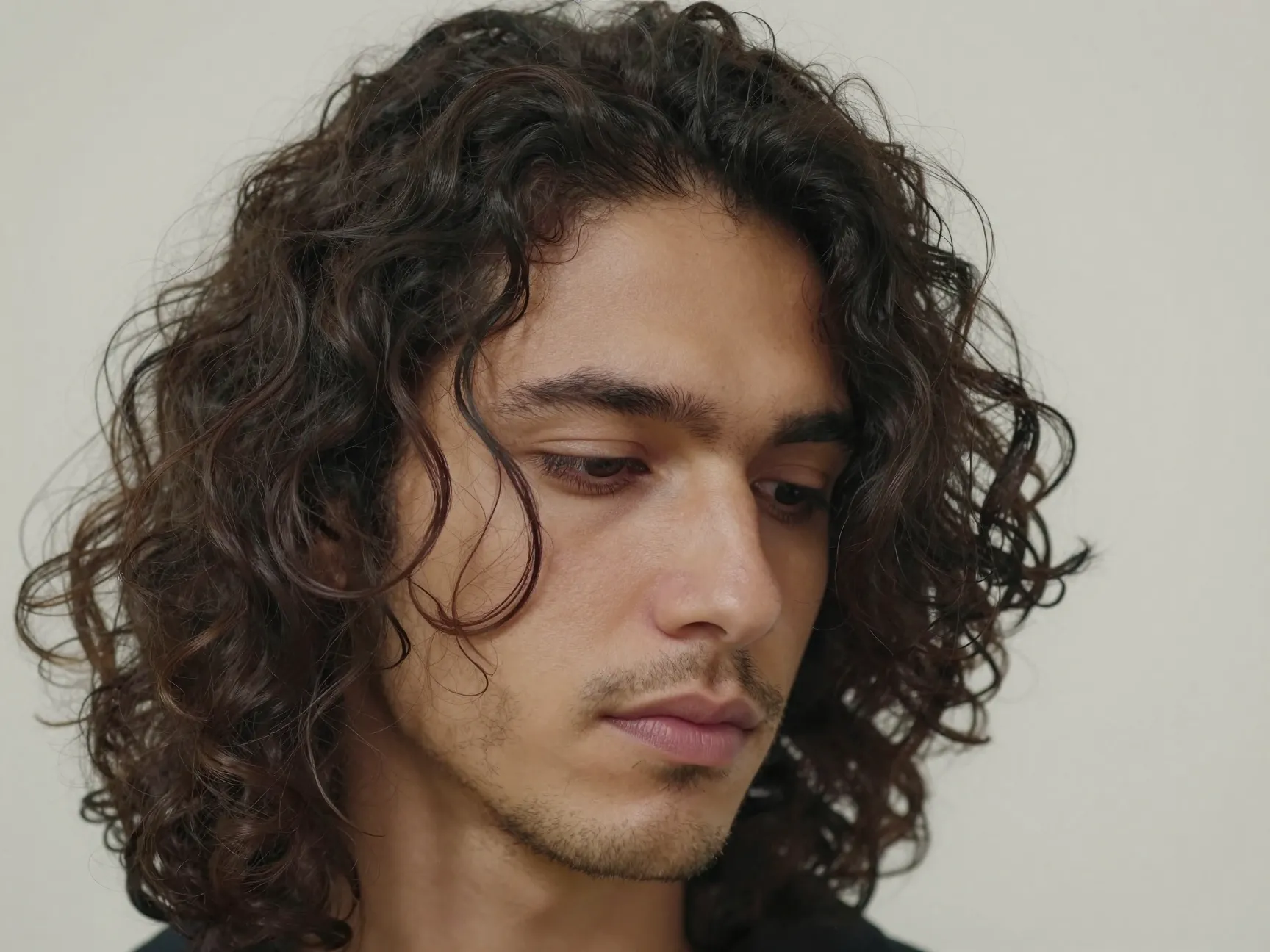 A man with loose curls aesthetic has hair falling over his forehead