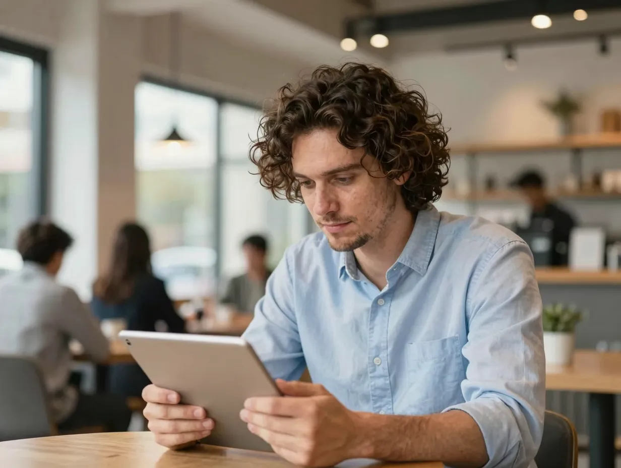 A man with tousled mid length hair in a professional casual setting