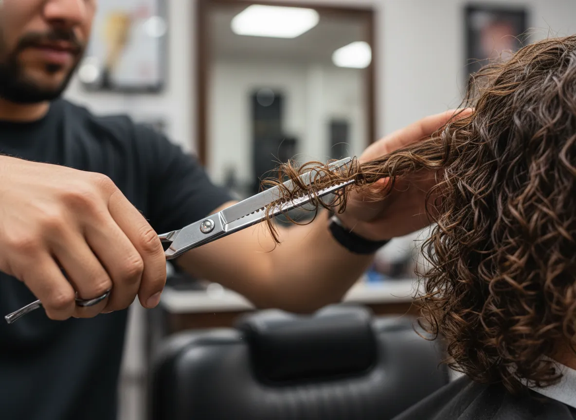 A barber uses texturizing shears on a mans curly hair