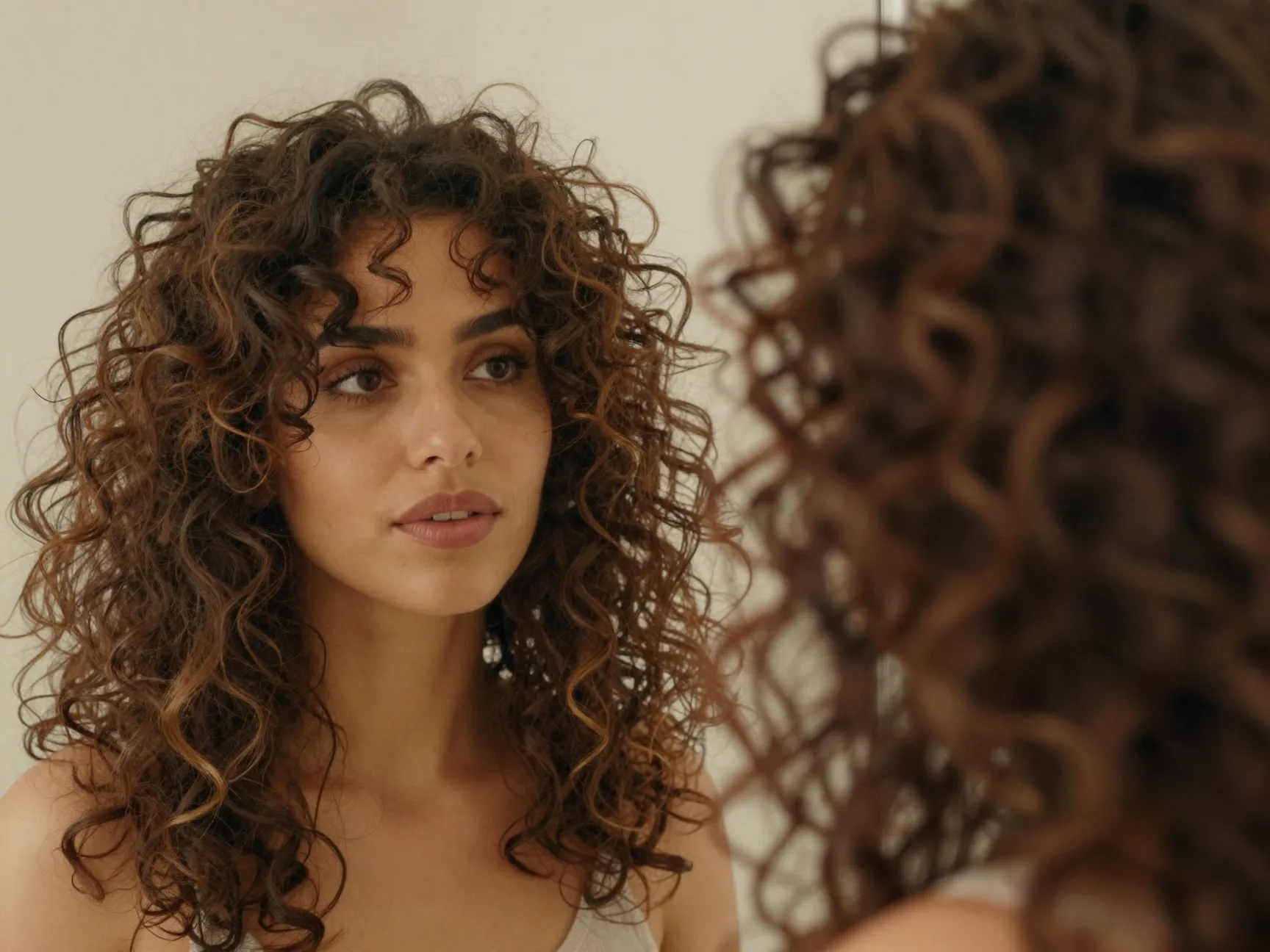 Woman with voluminous frizzy halo reframing frizz as built in volume
