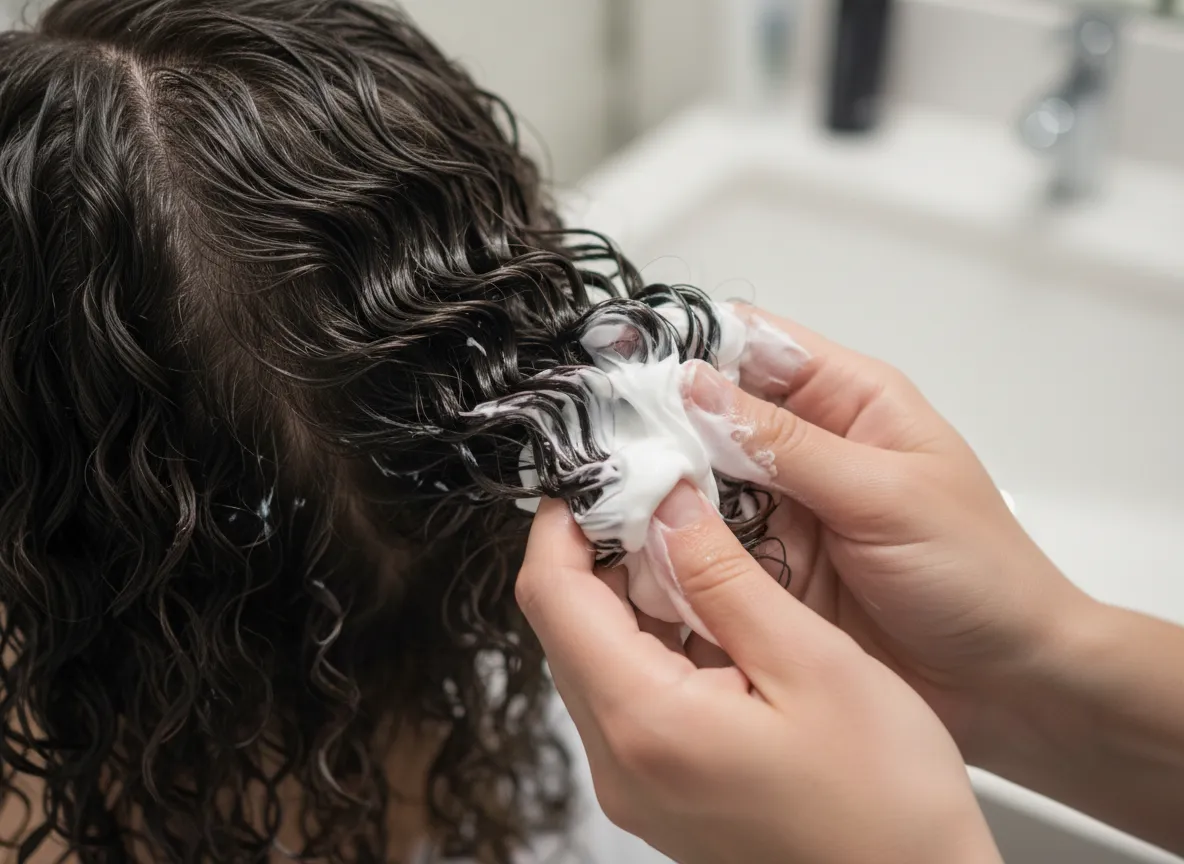 Generous application of curl cream on damp hair for soft definition