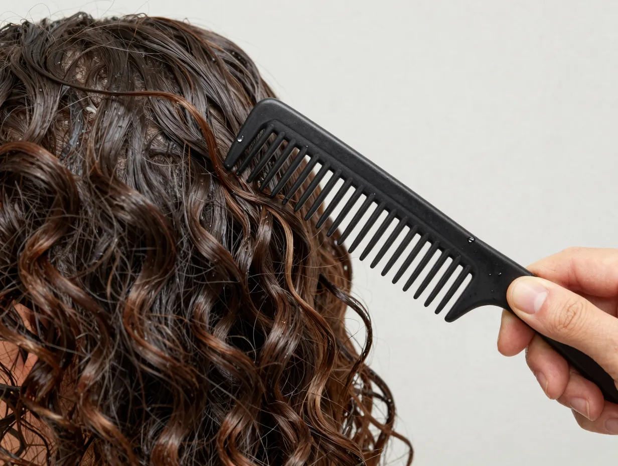 Wide tooth comb gently detangling wet curly hair from ends to roots
