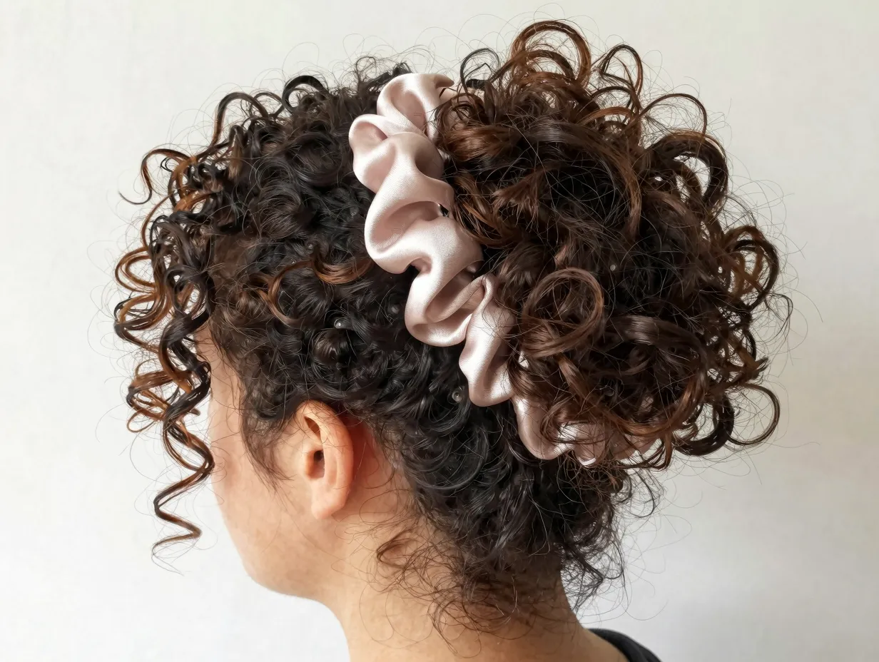 Loose voluminous frizzy curly updo with satin scrunchie and face framing pieces