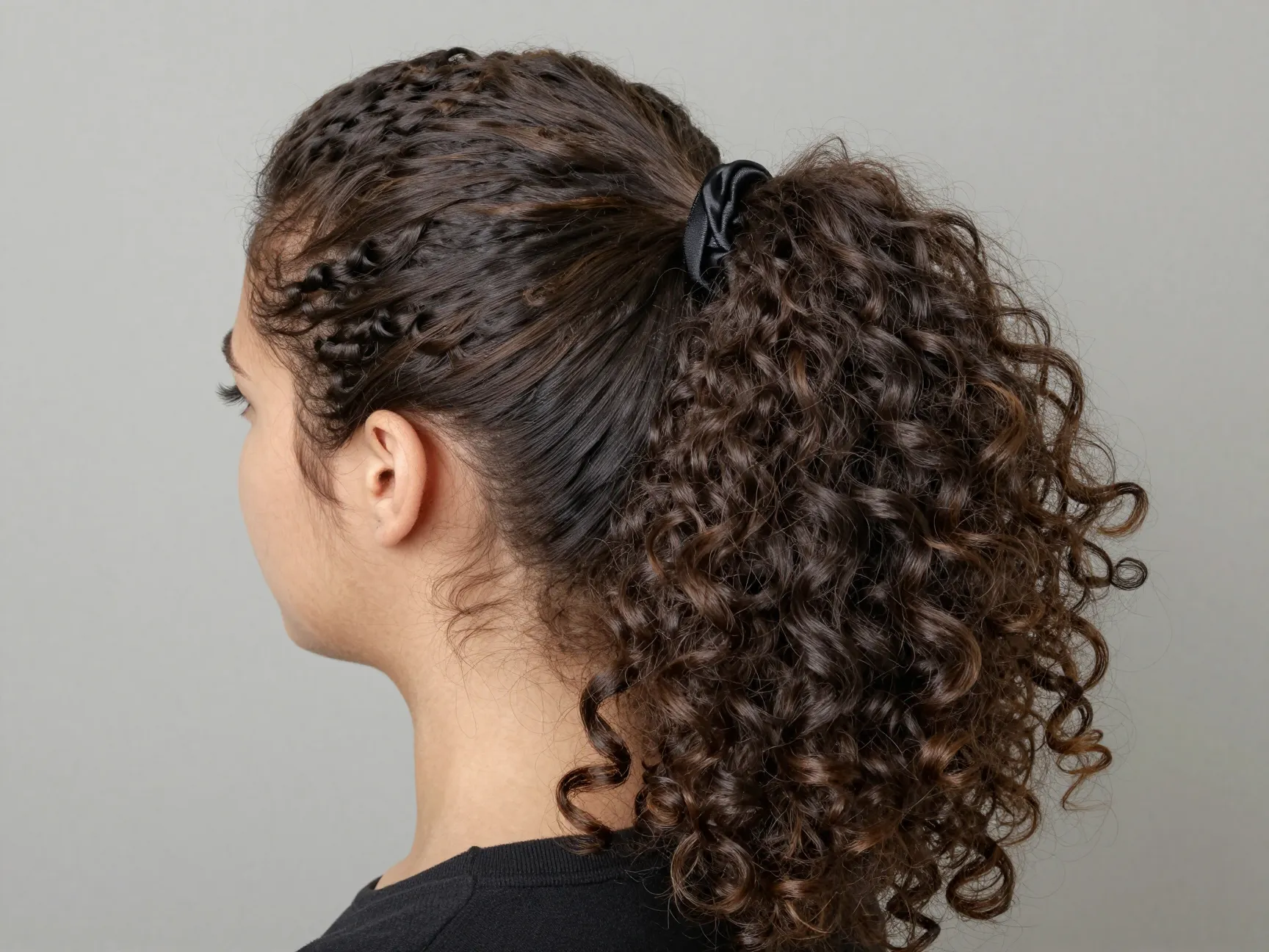 Curly low ponytail with smooth edges and full frizzy voluminous body