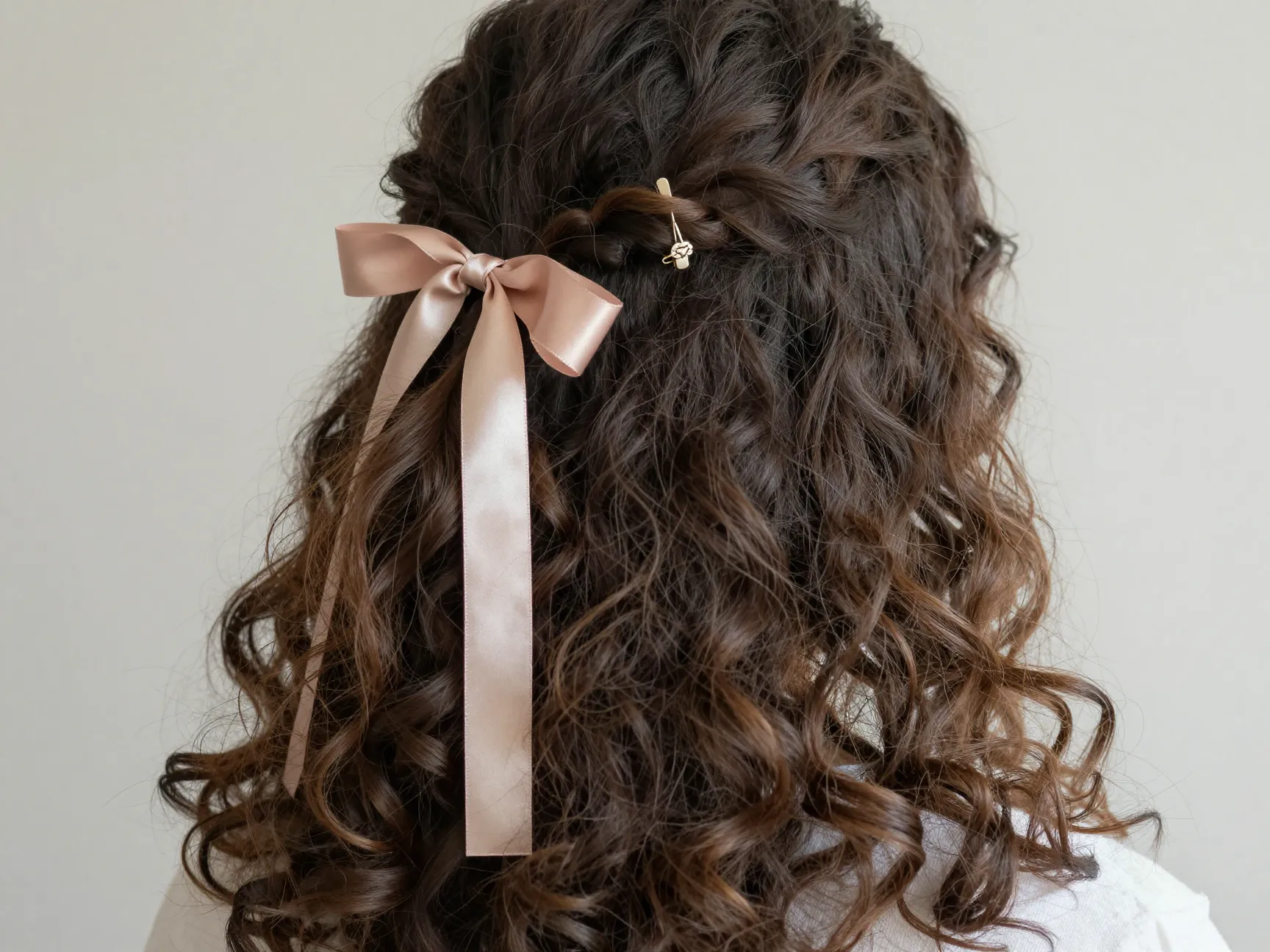 Half up half down curly style with satin ribbon accessory and loose curls