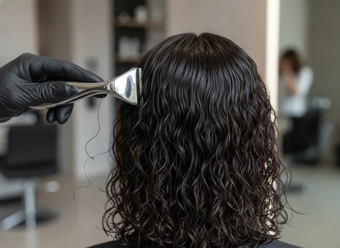 A woman with medium length curly hair getting a layered razor cut