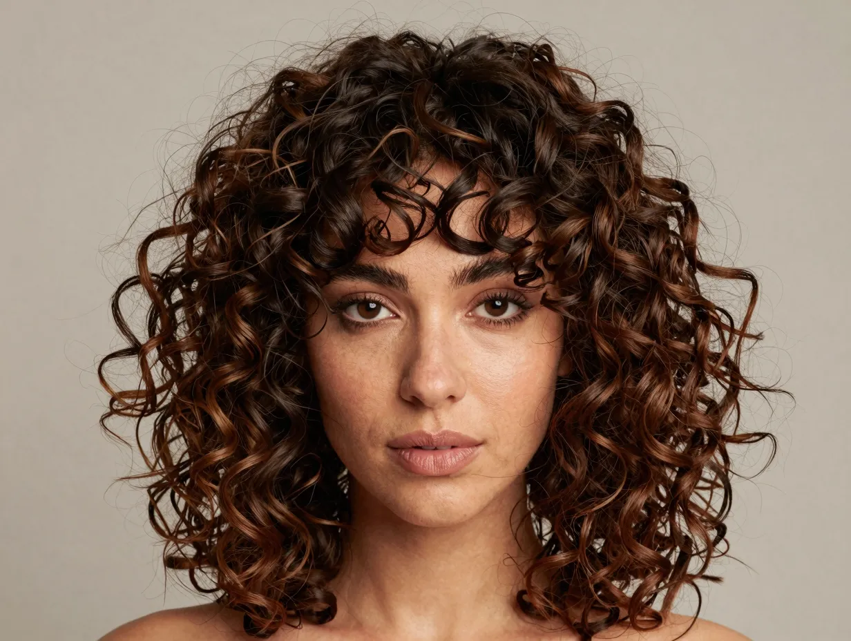 A woman with tight curly ringlets and wispy curtain bangs