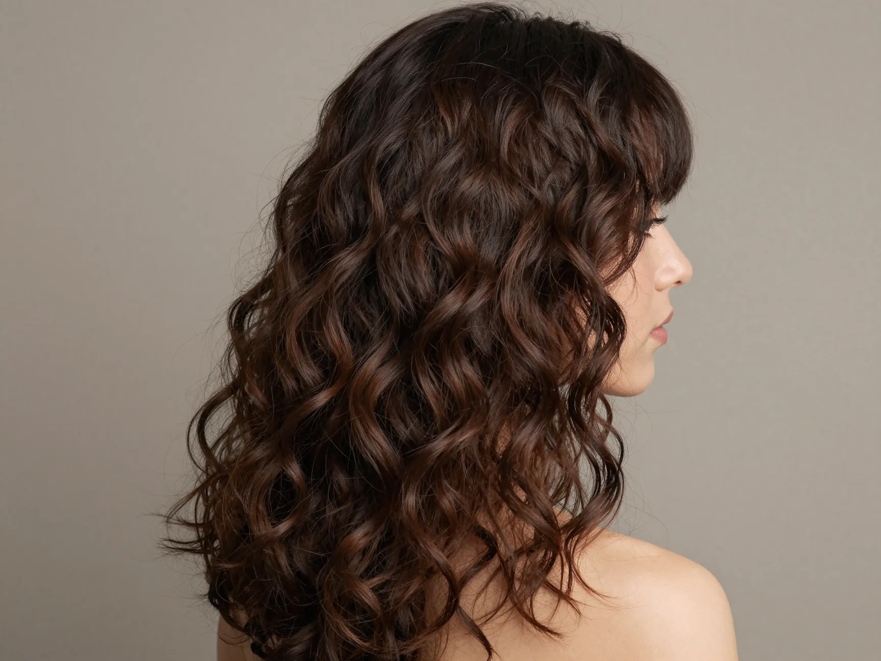 A person with long below shoulder curly hair with graduated fringe