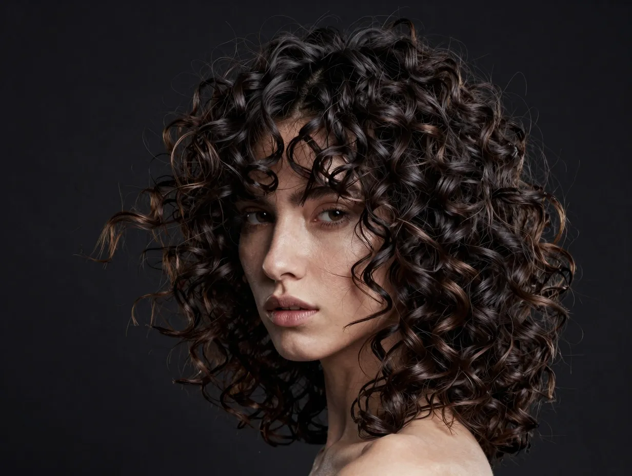 A bold curly mullet wolf cut with a center part
