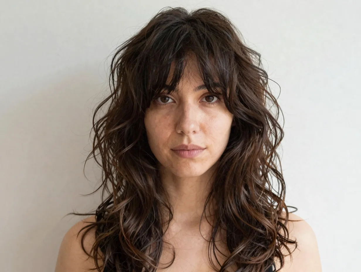 A woman with soft long curly hair with strategic face framing layers