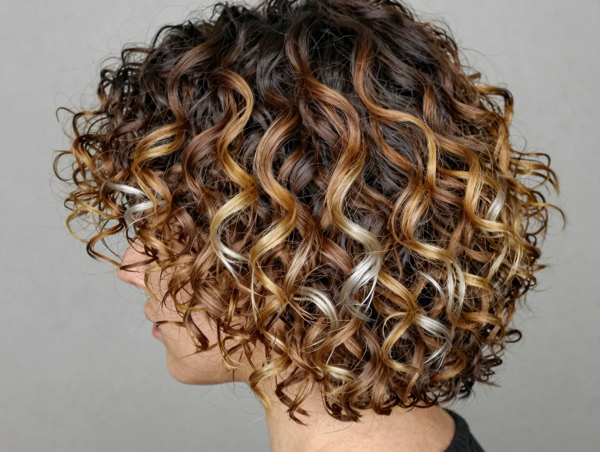 A person with fine curly hair featuring dark roots and light ends