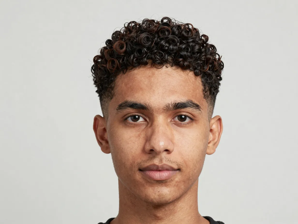 Short textured crew cut curls uniform sides low maintenance