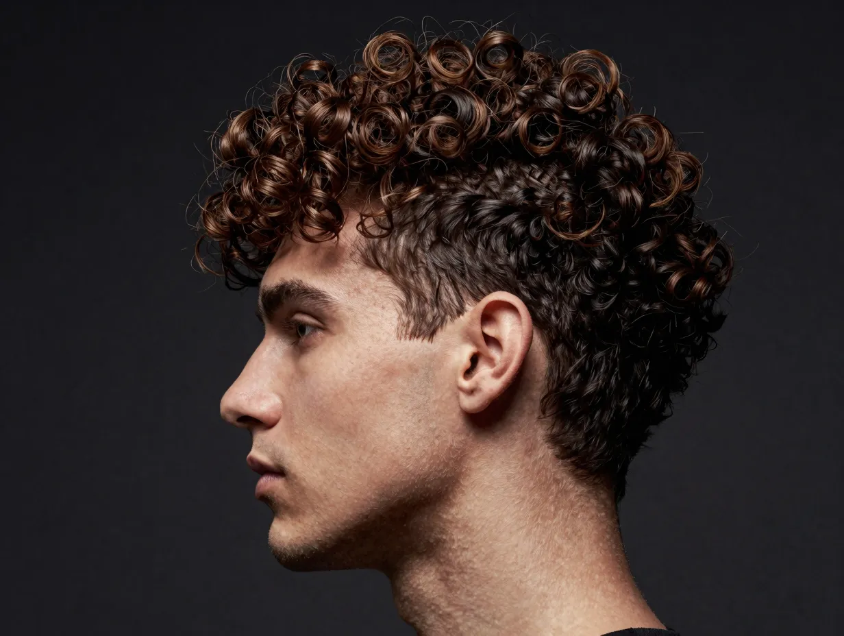 Voluminous curly pompadour with shorter clean sides statement look