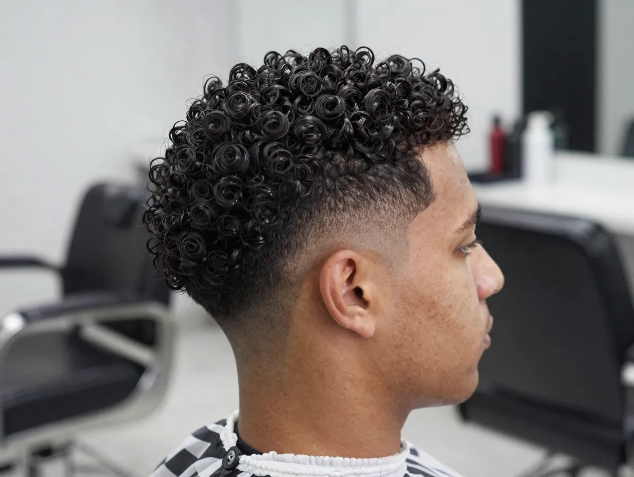 Structured tight curl fade emphasizing natural coils on top