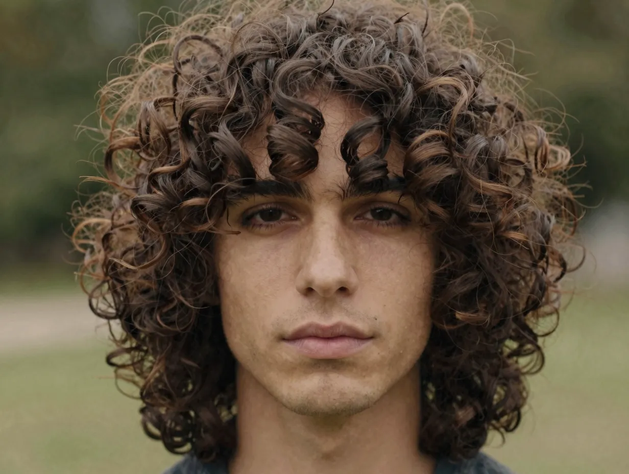 Romantic heavy curtain fringe with softened curls above eyebrows