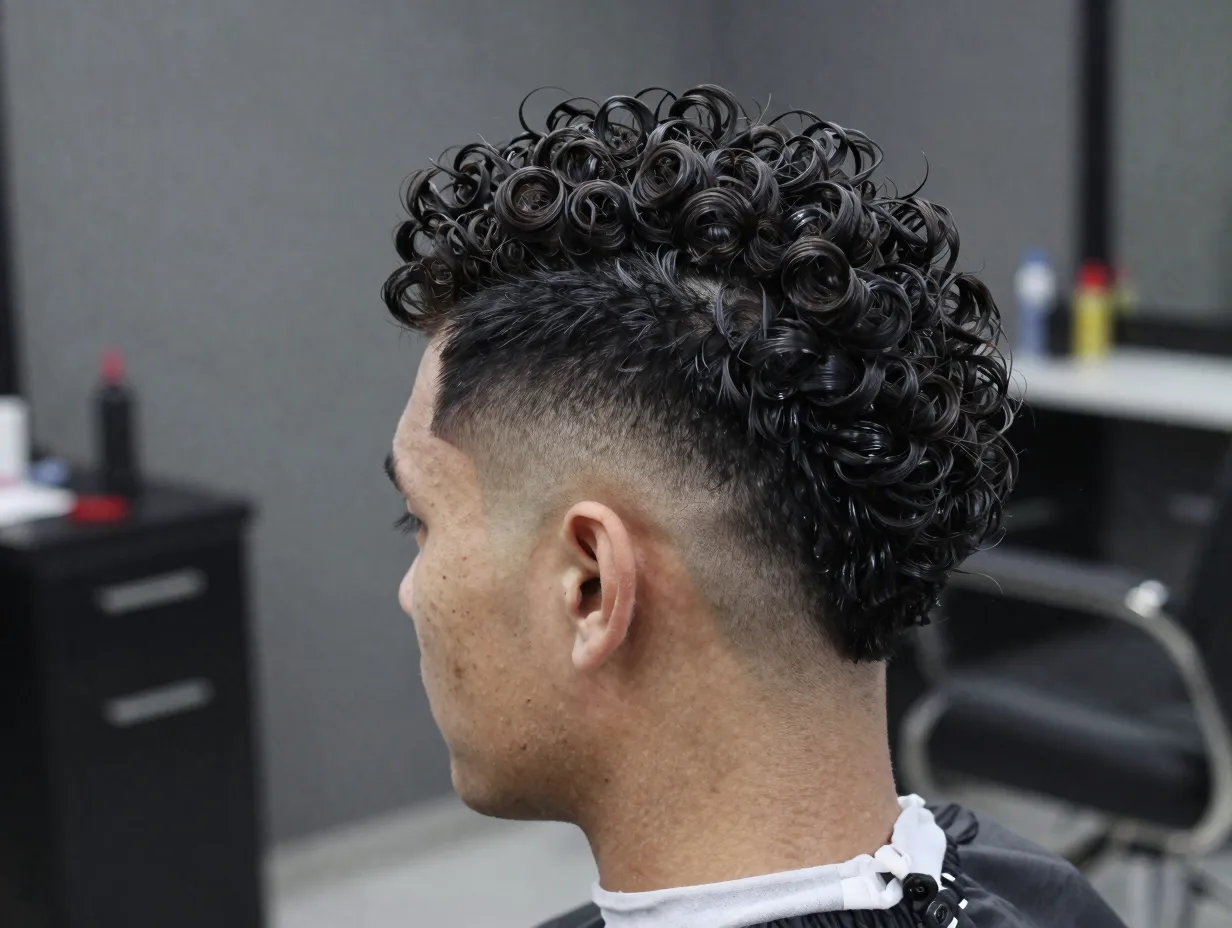 Daring burst fade mohawk curly strip top fashion forward