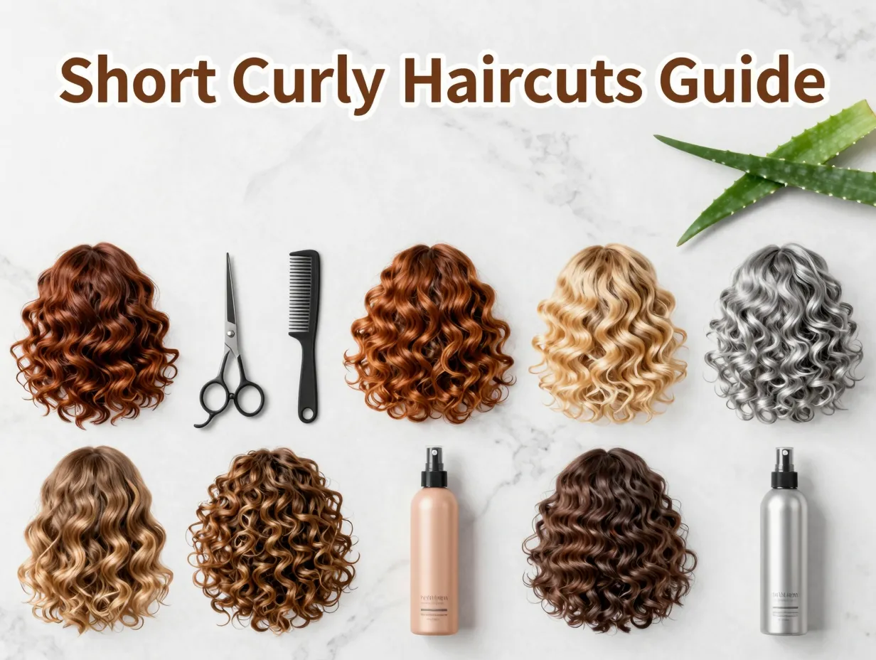 Nine short curly hair swatches marble lay styling tools