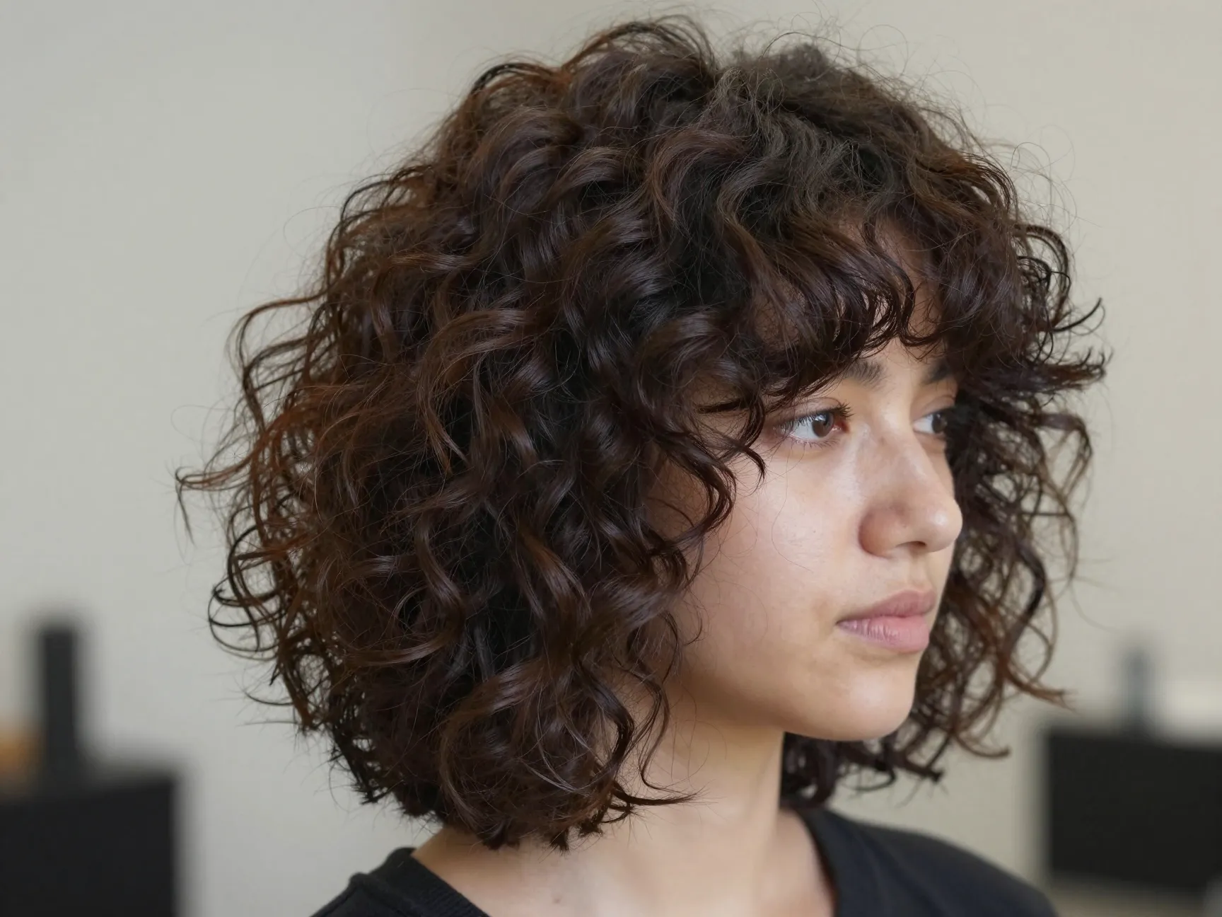 Short shag haircut with textured fringe and tousled curls above chin