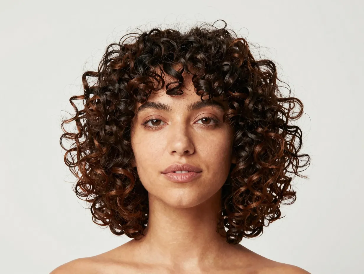Layered curly bob with bouncy defined curls for a round face