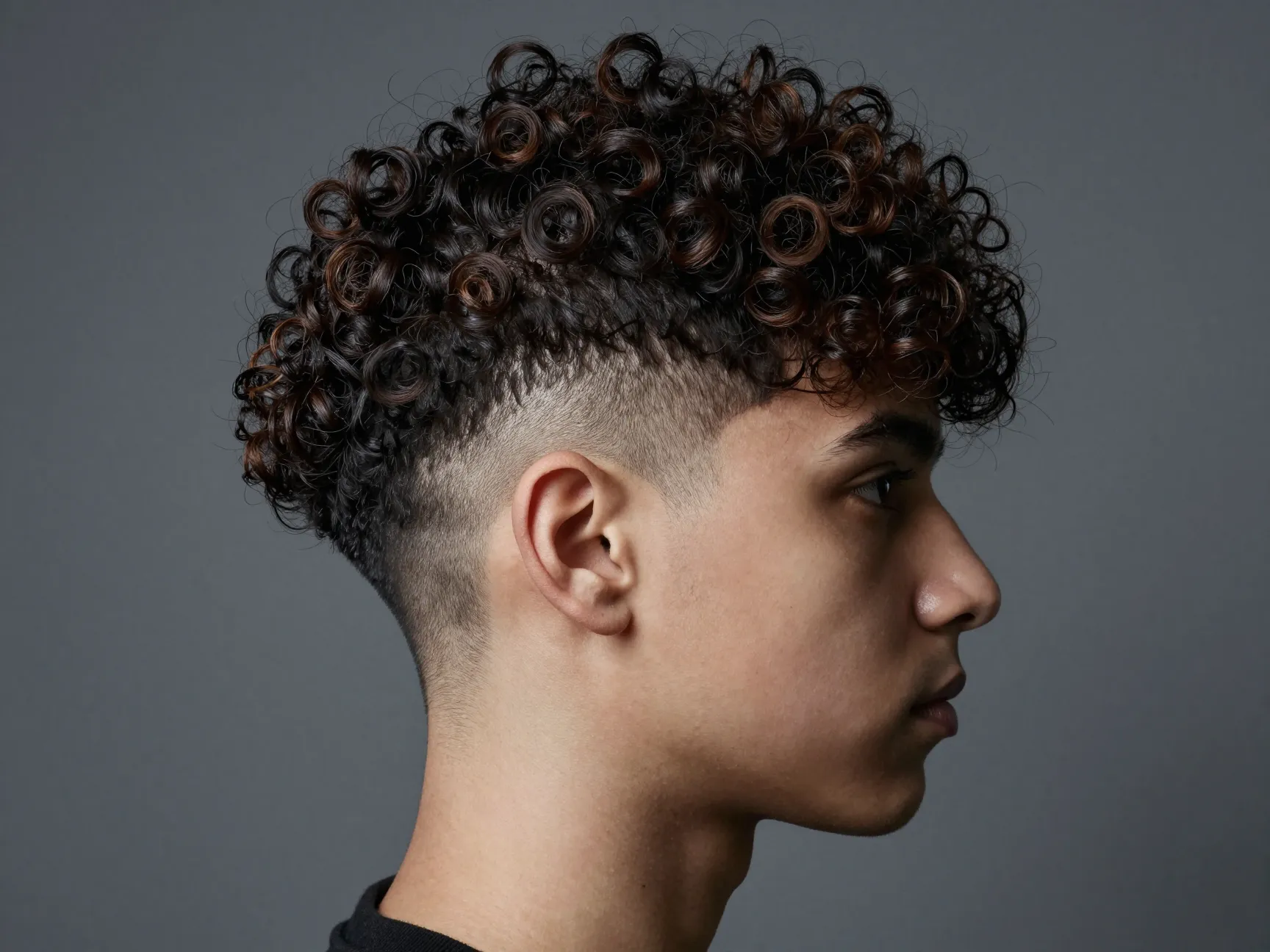 Curly undercut with shaved sides and contrasting chin length curls