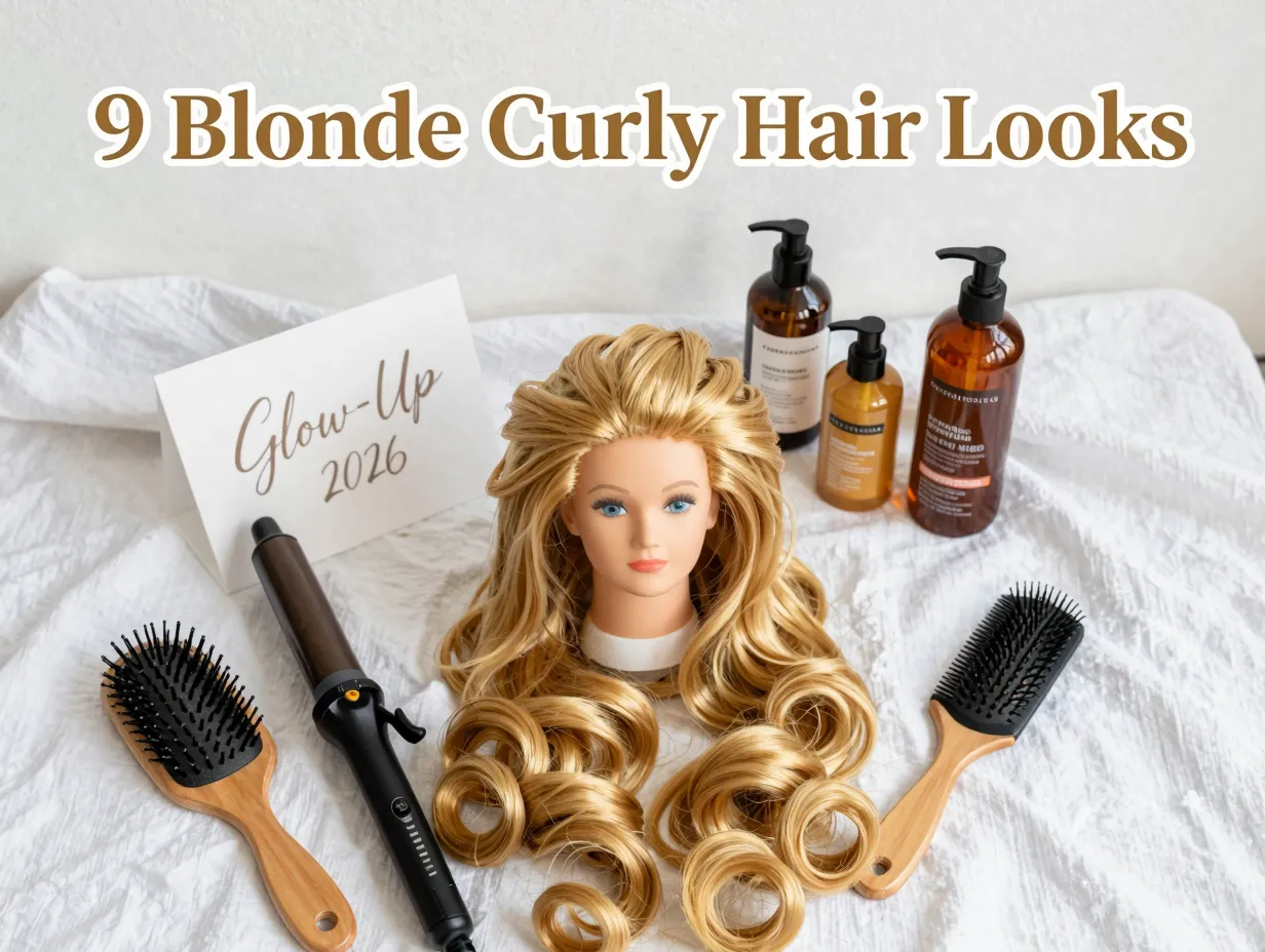 Blonde curly hair glow up inspiration flat lay ringlets products