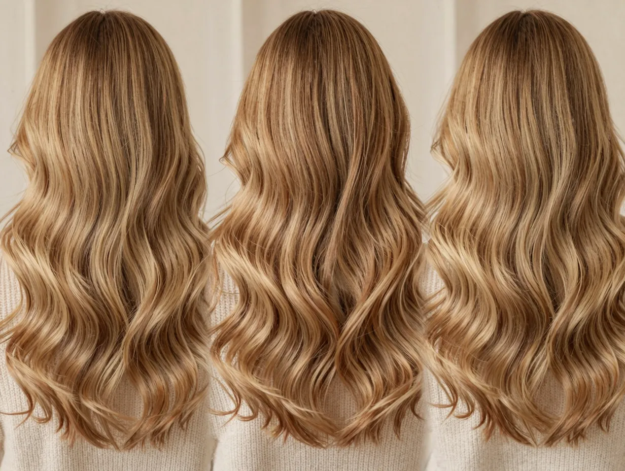 Teddy bear blonde waves blended caramel toffee golden beige soft haze