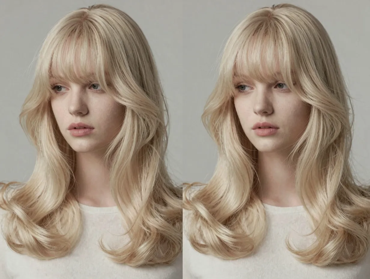 Vanilla blonde curtain bang curls neutral pale cool editorial elegance
