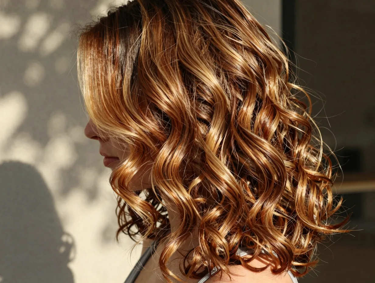Caramel balayage spiral curls hand painted warm highlights on spirals