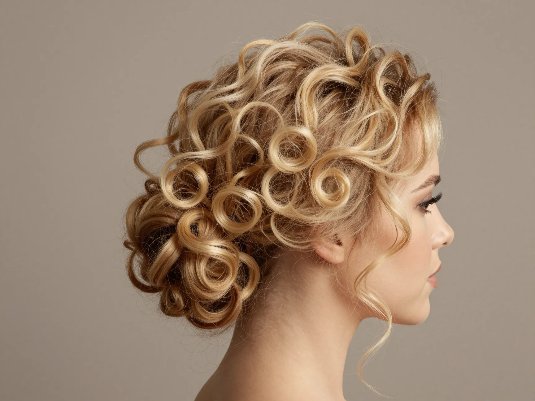 High curly updo with loose golden tendrils framing face elegant texture